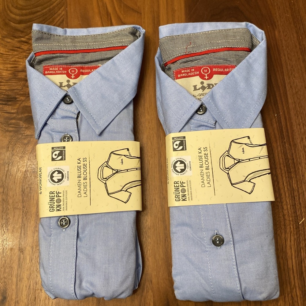 Lidl Women's Light Blue Logo 2 Short Sleeve Shirt Size Medium Cotton Button Up